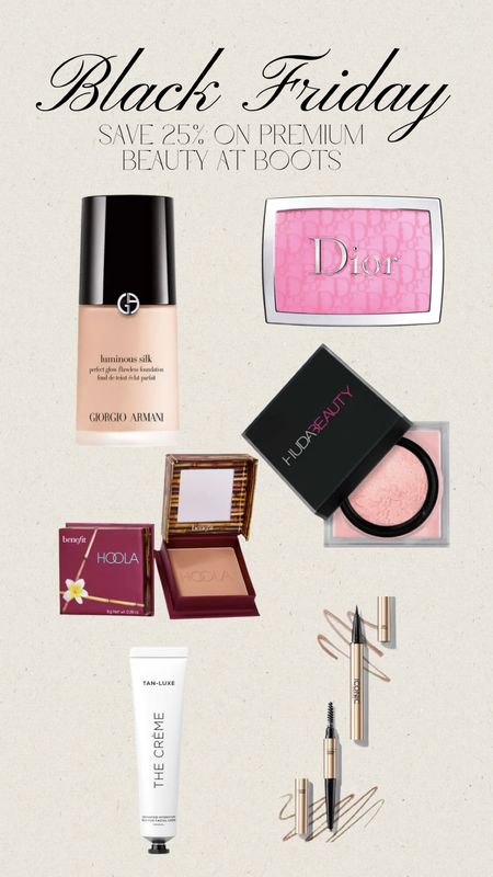 My top beauty picks from the Boots Black Friday sale - save up to 25% of premium beauty and fragrance 

Giorgio Armani Luminous Silk - I wear shade 3.5
Dior backstage blush in rose 
Huda beauty powder in cherry blossom 
Benefit hoola bronzer (a classic)
Iconic london triple precision brow Definer - I wear shade ash blonde
Tan luxe the creme gradual face tanner 

#LTKCyberweek #LTKsalealert #LTKbeauty