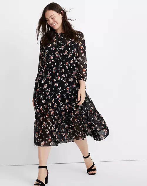 Sheer Button-Front Tier Midi Dress in Carnation Toss | Madewell