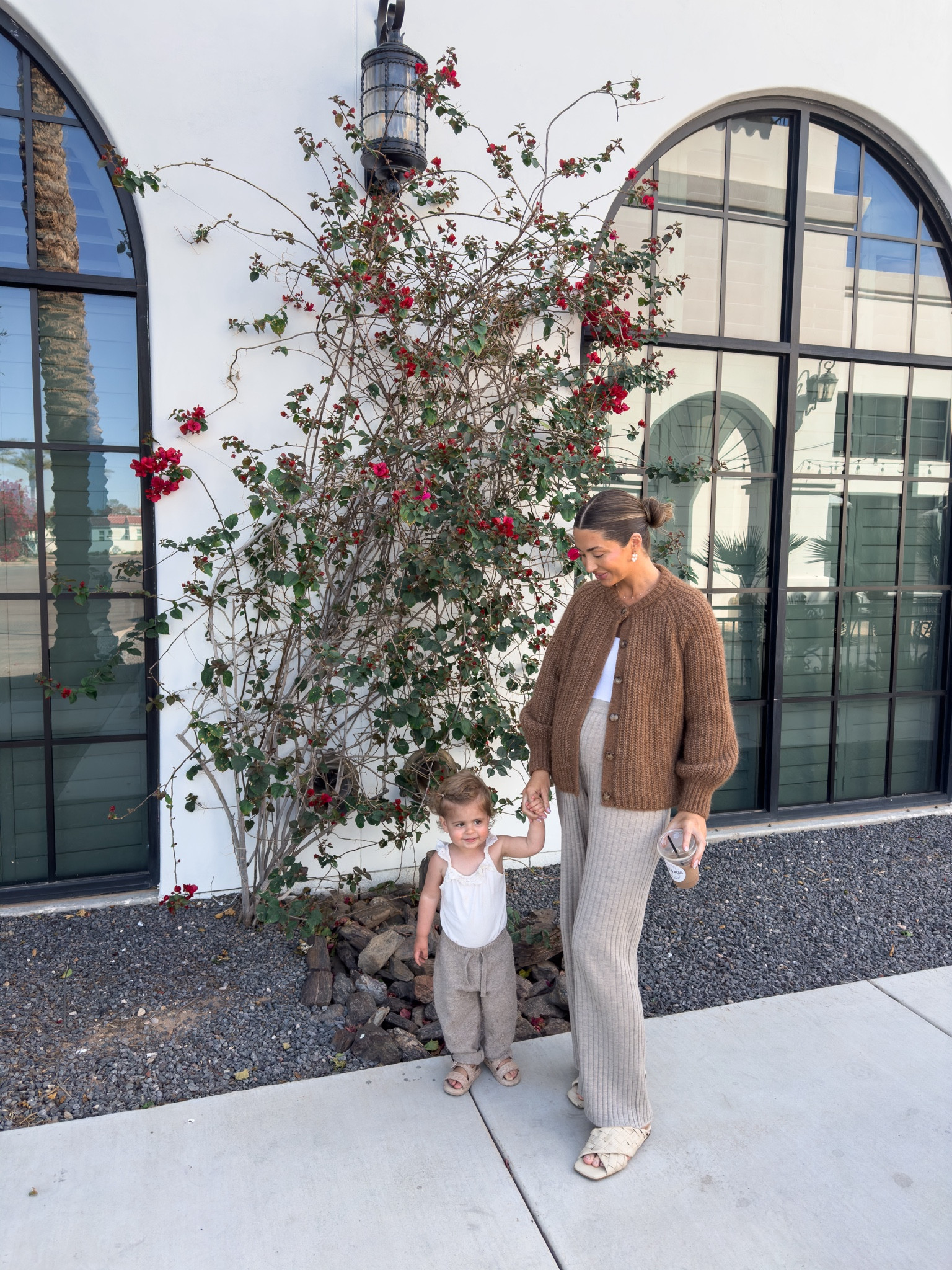 Medium in cardigan and large in tan stretchy pants! 