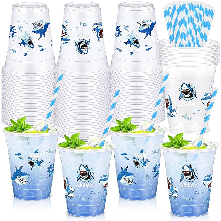 Sliner 50 Pcs Shark Party Plastic Cups with Straws 12 Oz Blue Shark Drinking Cups Sea Birthday Cl... | Amazon (US)