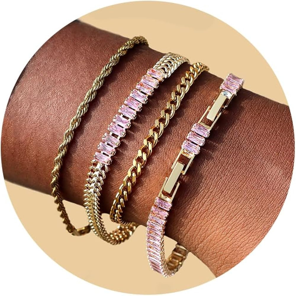 4PCS Colorful Gold Bracelets for Women, 5mm Square Cubic Zirconia Tennis Bracelet, 14K Gold Plate... | Amazon (US)