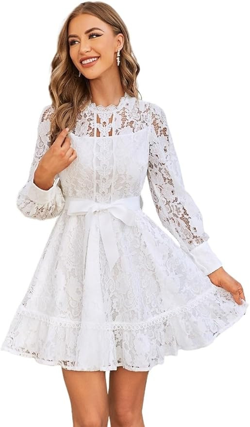 Women's 2024 Long Sleeve Mini Short Dress Ruffle Hem Belted Lace Dress | Amazon (US)