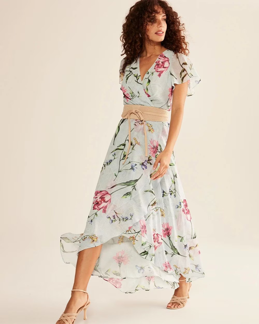 Short Sleeve Flutter Wrap Midi Dress | White House Black Market