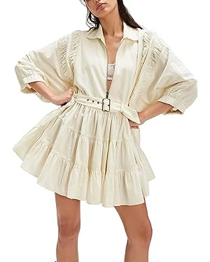 Womens Shirt Dress 3/4 Sleeve Ruffle Mini Dress Half Zipped V Neck Collared A Line Casual Dresses... | Amazon (US)
