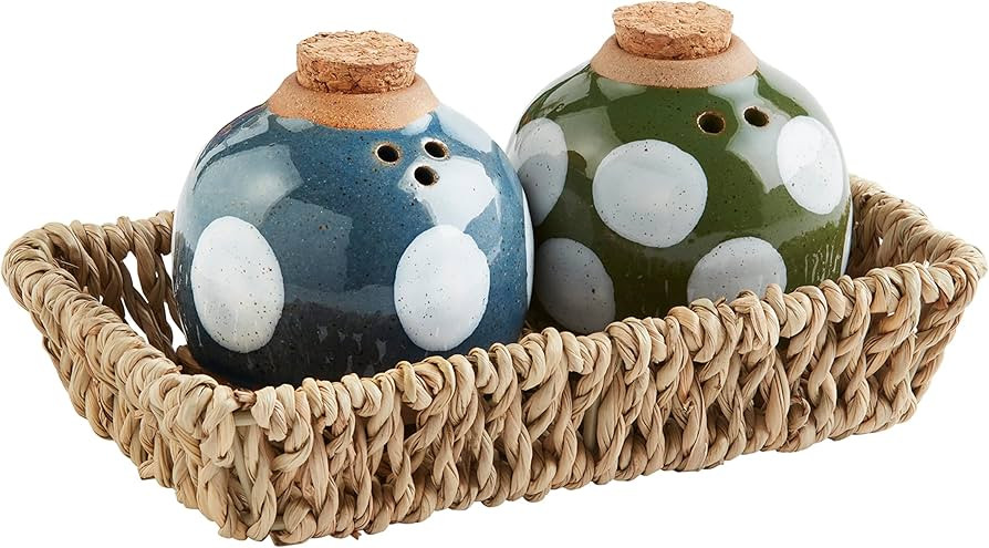 Mud Pie Dotted S P Set, shaker 2 1/2" x 2 1/4" dia | basket 2 3/4" x 5", Blue | Amazon (US)
