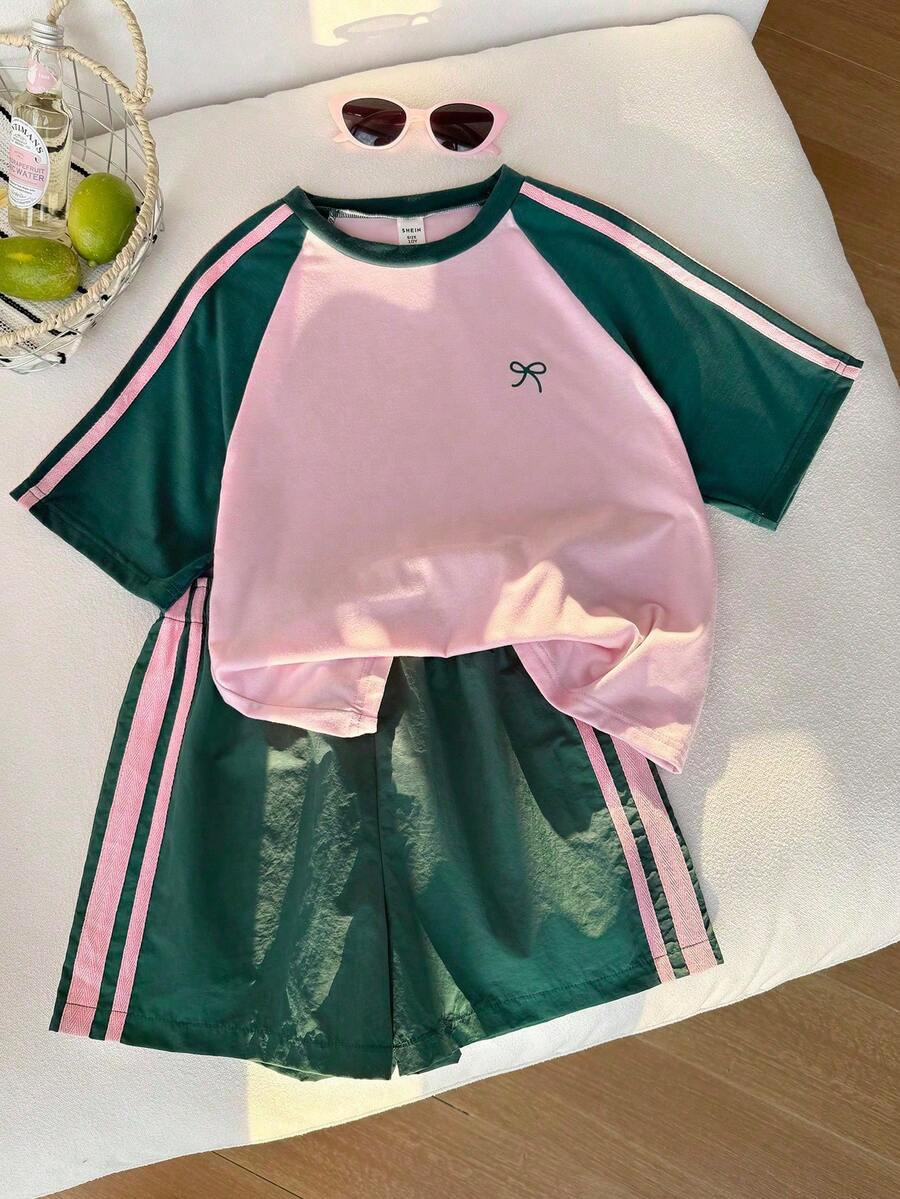 Elladie kids Young Girl Bow Striped Raglan Short Sleeve T-Shirt And Shorts Casual Outfit | SHEIN