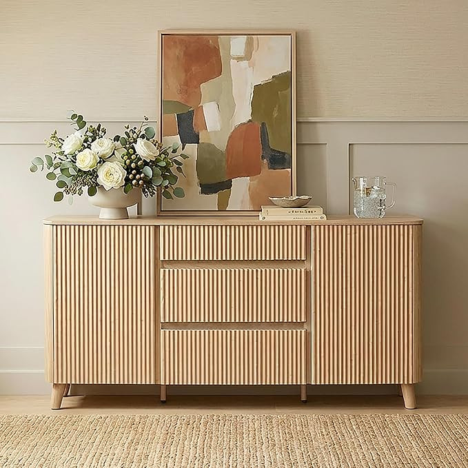 CHITA 62" Sideboard Buffet Cabinet with Storage, Fluted Cabinet with Drawers, Natural Oak | Amazon (US)