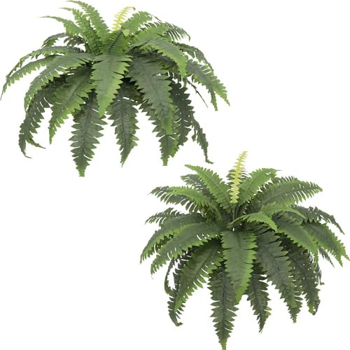 Artificial Ferns for Outdoors, Set of 2 Bouquets 33" Diam Large Fake Ferns 37 Fronds Faux Boston Fern Bush Plant for Indoors Home Garden Porch Windowsill Entrance Farmhouse Décor… | Amazon (US)