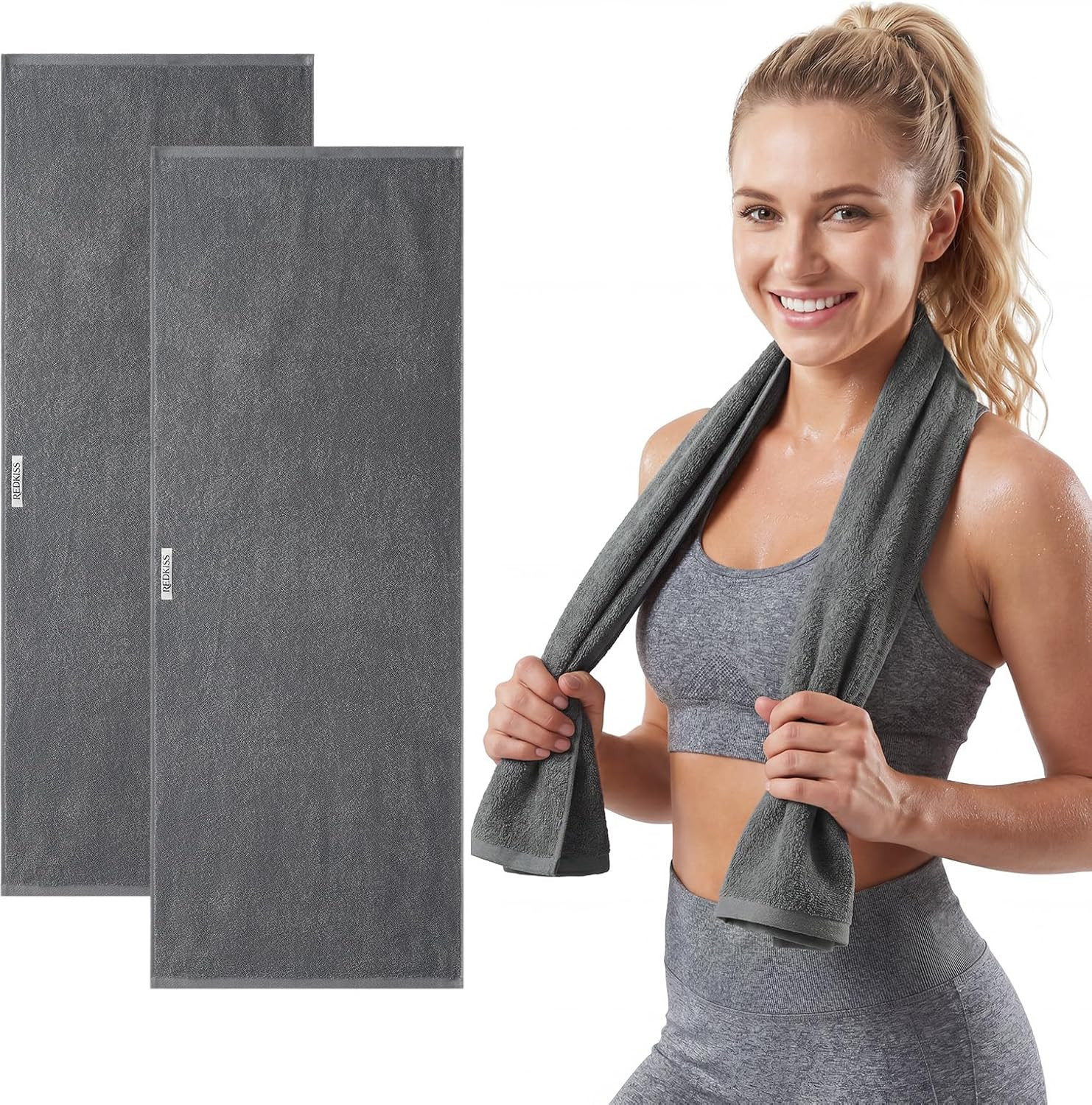 REDKISS 2 Pack Cotton Workout Towels, 43" x 16" Super Absorbent Soft Gym Towels for Men & Women, Large Sweat Sports Towel for Yoga Running Swimming Travel Camping - Dark Gray | Amazon (US)