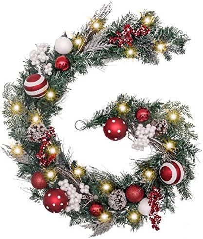 Valery Madelyn Pre-Lit 6 Feet Traditional Red White Christmas Garland with 20 LED Lights and Ball... | Amazon (US)