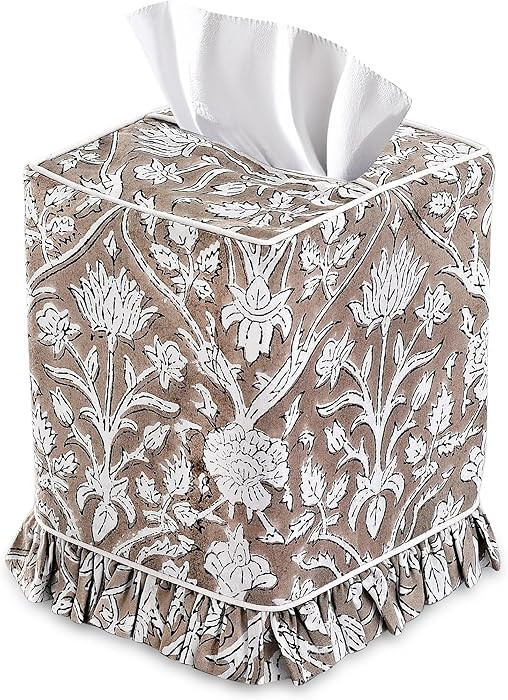 Ridhi Taupe Block Print Ruffle Tissue Box Cover Handmade Cotton Decorative Square Napkin Holder f... | Amazon (US)