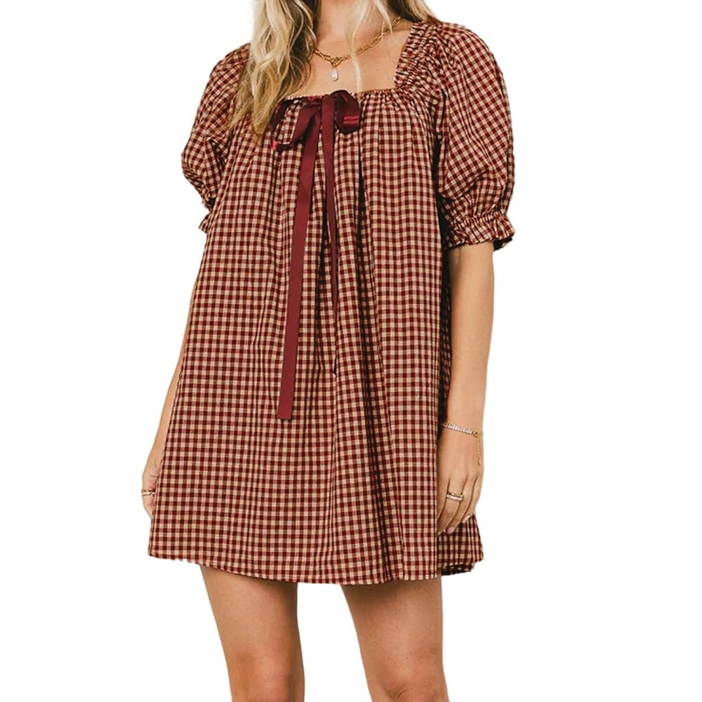 Women Plaid Summer Dress Loose Bow Square Neck Puff Sleeve Short Dress Trendy Going Out Dress Str... | Amazon (US)