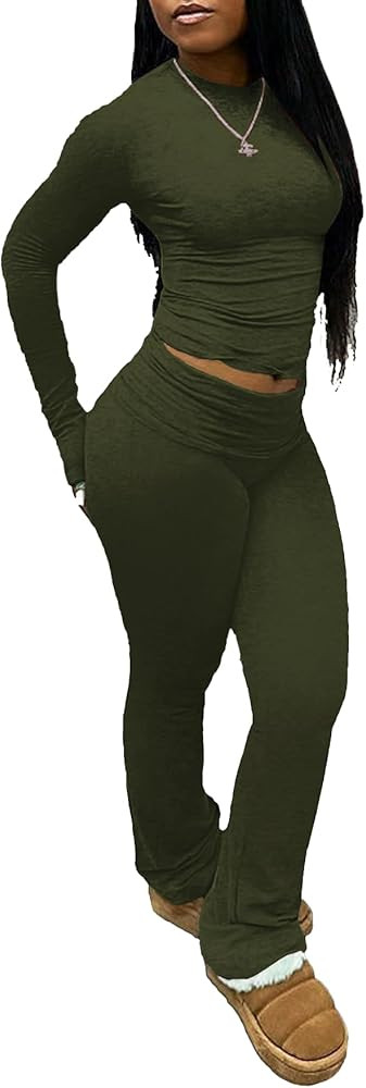 Women's 2 Piece Lounge Sets Crop High Wasit Foldover Flare Leggings Pants Casual Workout Outfits ... | Amazon (US)