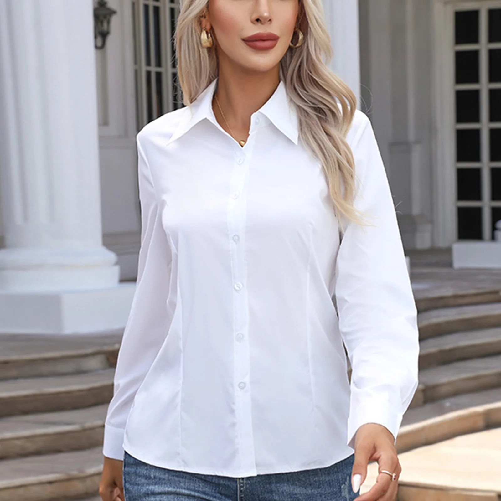 BXJX Womens Shirts Casual Long Sleeve Tops Lapel Workwear Solid Button Down Shirts for Women Whit... | Walmart (US)