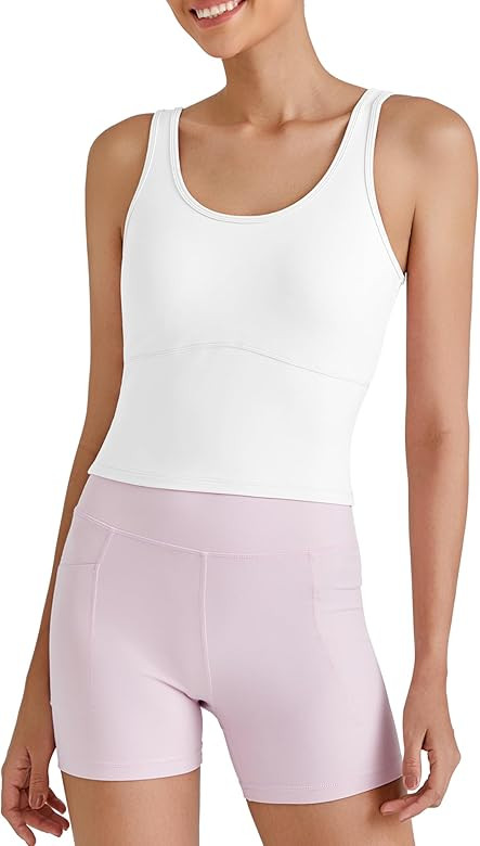 G4Free BareFeel Built in Bra Workout Tank Tops Removable Padded Longline Sports Bras Waist Length... | Amazon (US)