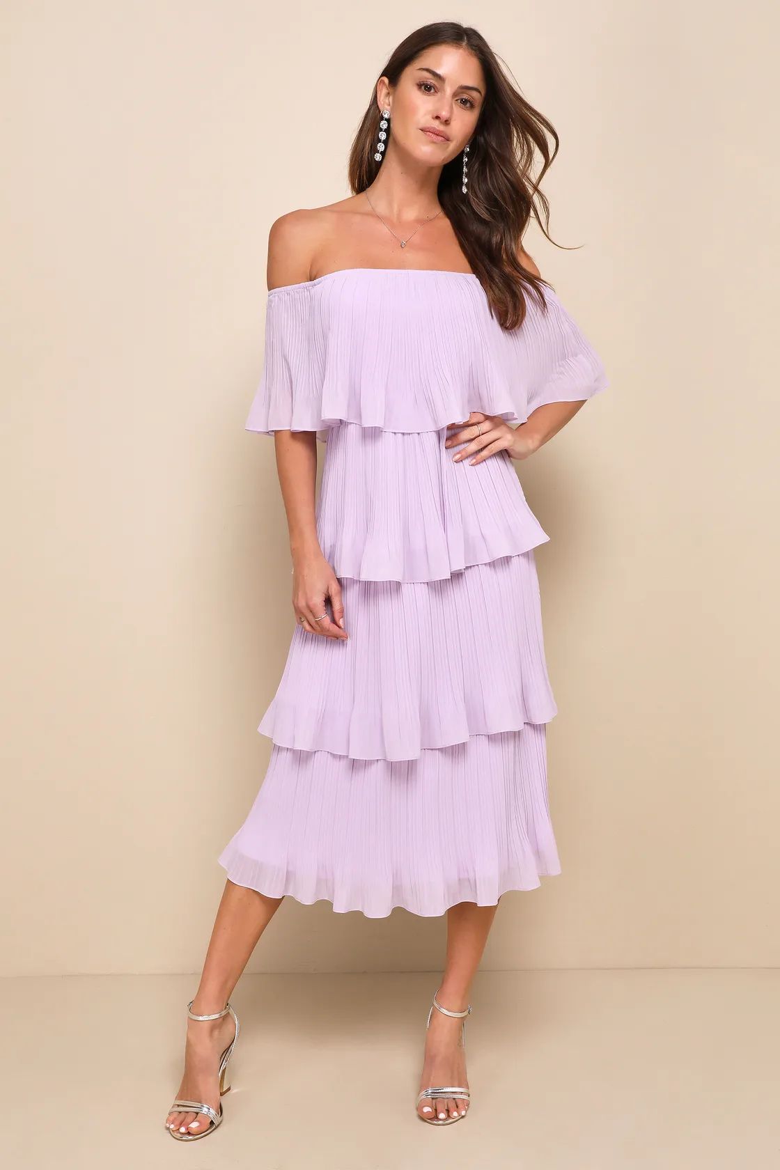Gala Ready Lavender Off-the-Shoulder Ruffle Midi Dress | Lulus