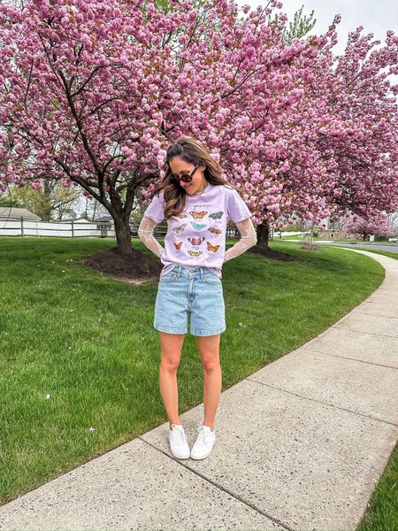 Spring outfit with graphic t shirt 

Lace layering top // denim shorts // spring fashion // long sleeve sheer lace top // butterfly graphic tee // Abercrombie denim shorts // white sneakers // casual spring outfit // oval sunglasses 

#LTKstyletip #LTKfindsunder100 #LTKSeasonal