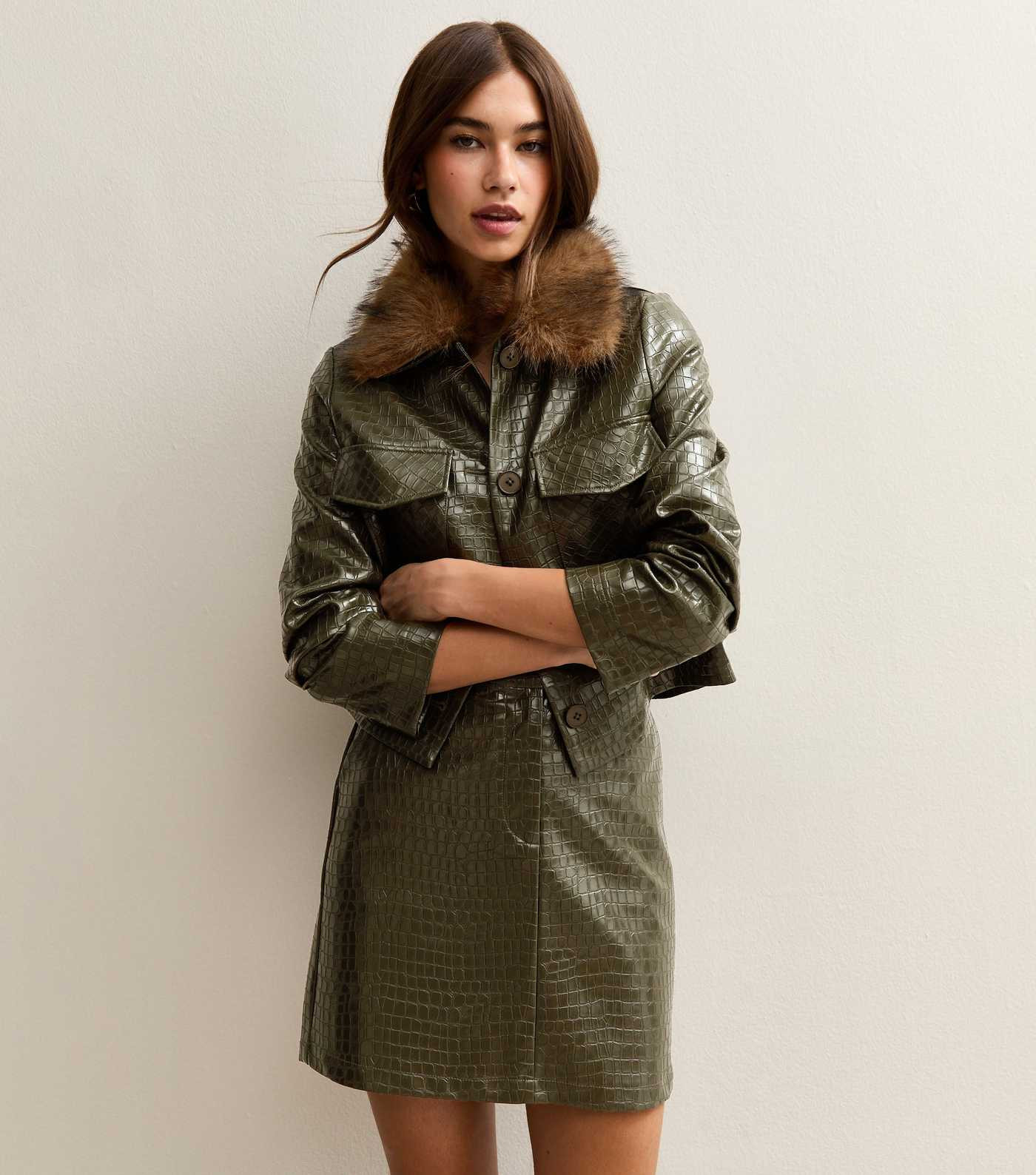 Green Faux Leather Crocodile Embossed Long Sleeve Jacket | New Look | New Look (UK)