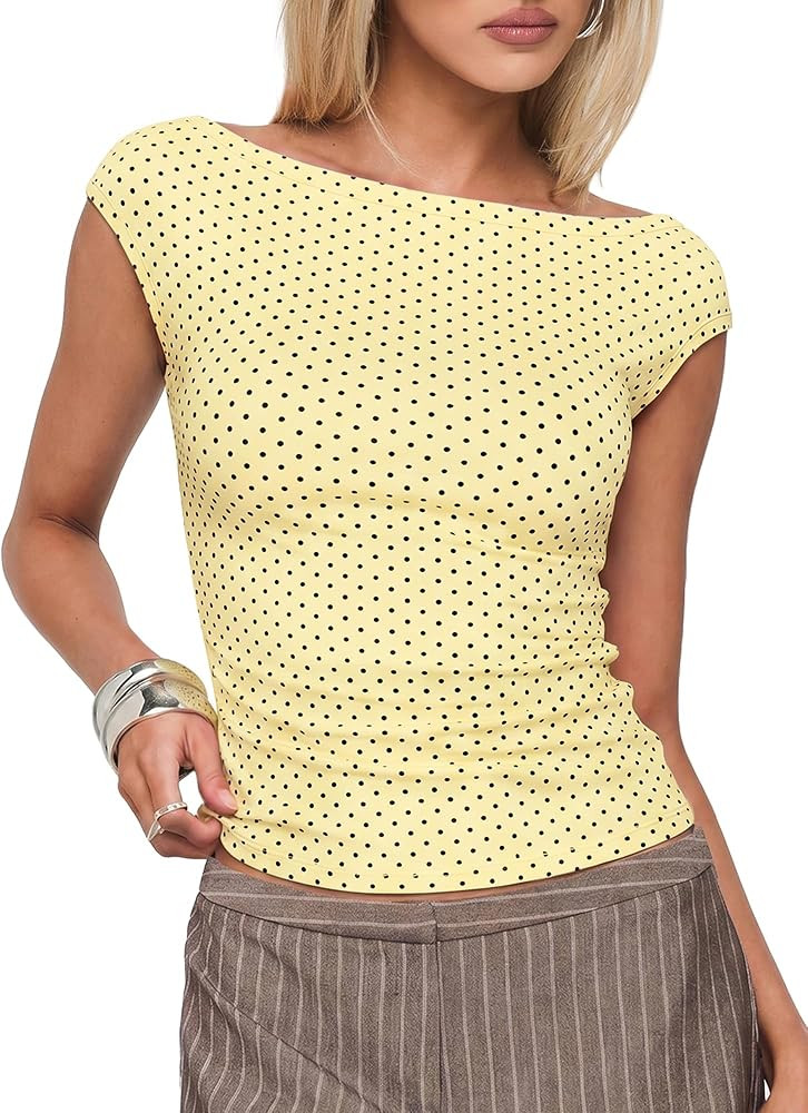 EMMIOL Off Shoulder Tops for Women Cute Sleeveless Polka Dot Shirts Ruched Sexy Going Out Tank To... | Amazon (US)