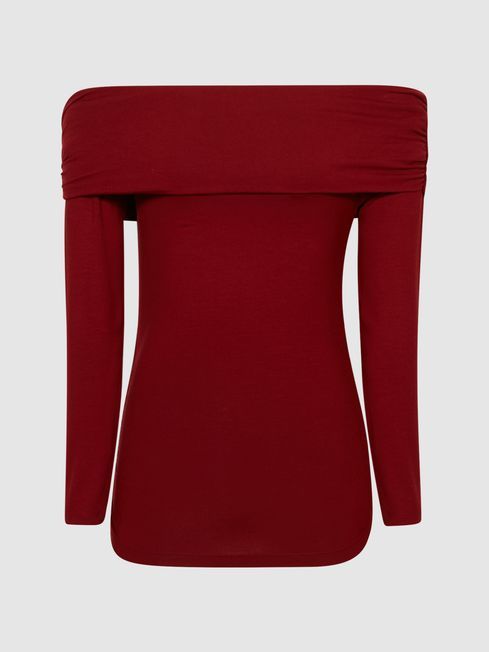 Reiss Red Hudson Off-Shoulder Long Sleeve Top | Reiss UK