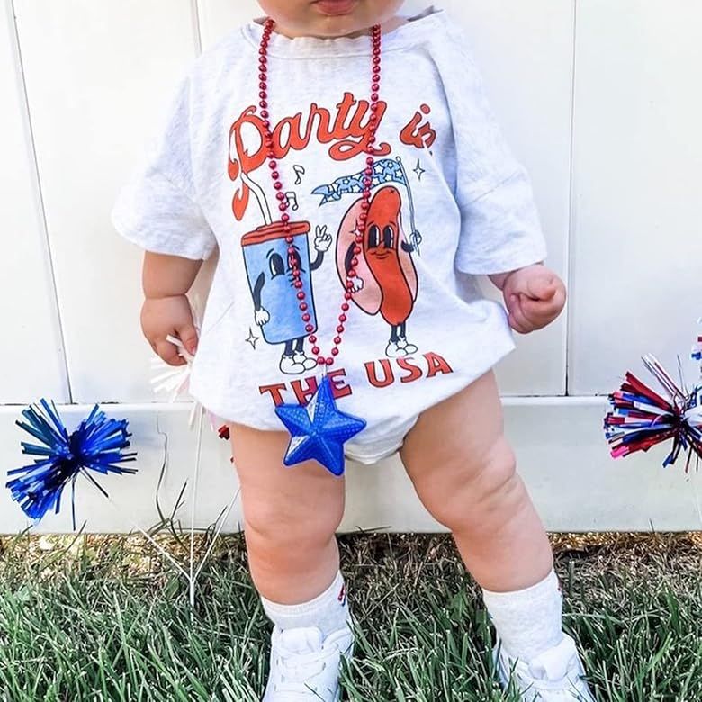 4th of July Baby Boy Girl Outfit USA Bubble Romper Oversized Short Sleeve T-Shirt Onesie Bodysuit... | Amazon (US)
