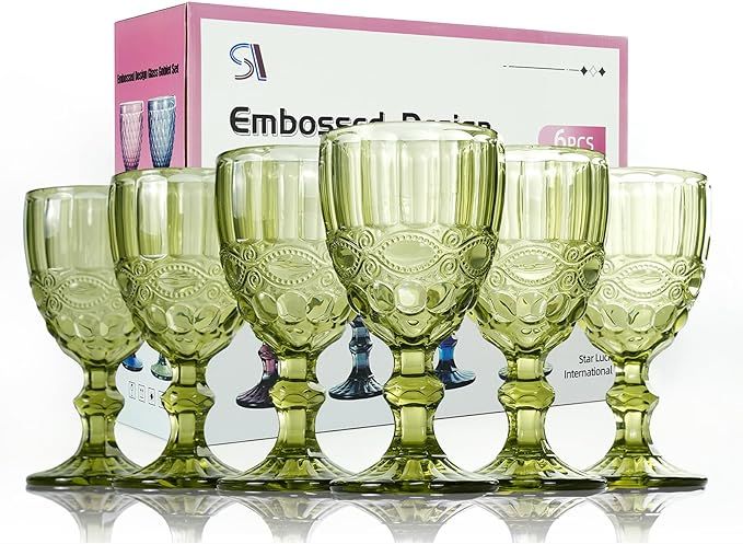 Colored Glass Goblet Set of 6, Embossed Design Wine Glasses, 10 Oz Thickened Glass Wine Glass, fo... | Amazon (US)