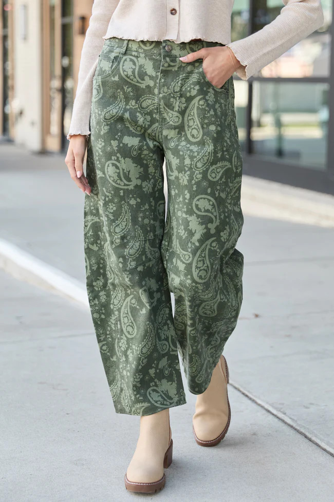 Courtney Olive Paisley Barrel Pants | Pink Lily