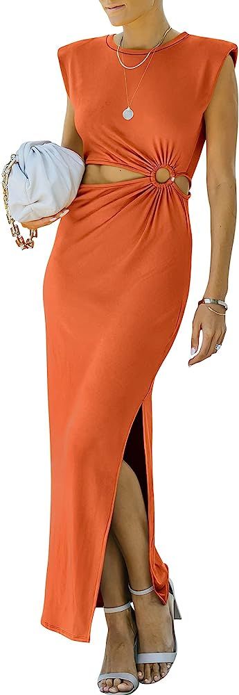 ANRABESS Women Summer Sleeveless Padded Shoulder Cutout Sexy Formal Slim Fit Maxi Slit Dress | Amazon (US)