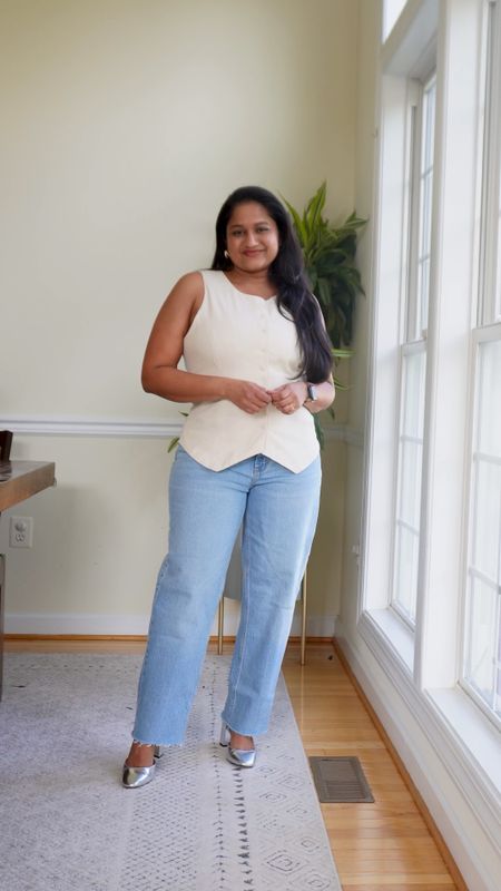 Giving the classic white shirt and denim an elevated look with this white linen vest 
@target Vest in size M 
@abercrombie Curve Love Ultra High Rise 90s Straight Jean
Color: Medium with Raw Hem 
Size- 30 short 
@jcrewfactory silver heels 
@amazonfashion hoops 

#LTKmidsize #LTKfindsunder50 #LTKVideo