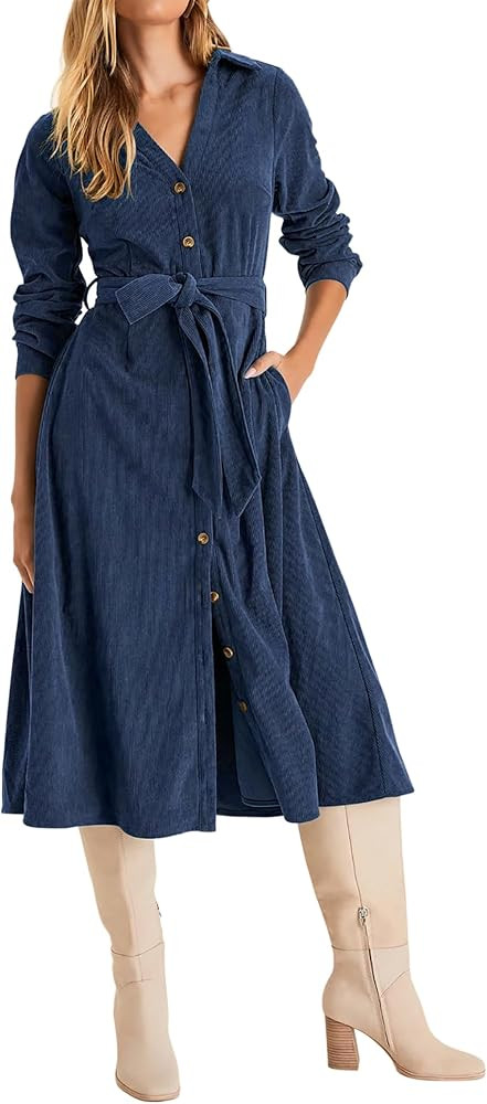 R.Vivimos Womens Fall Winter Corduroy Midi Dress Long Sleeve V Neck Button Down Belted Flowy Shir... | Amazon (US)