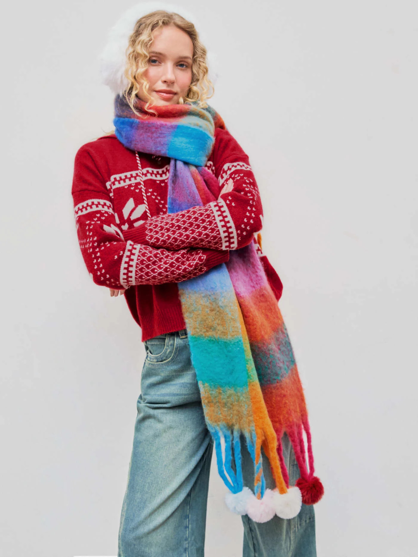 CHECK BALL TASSEL SCARF For School Daily Casual Coffee Shop | Cider