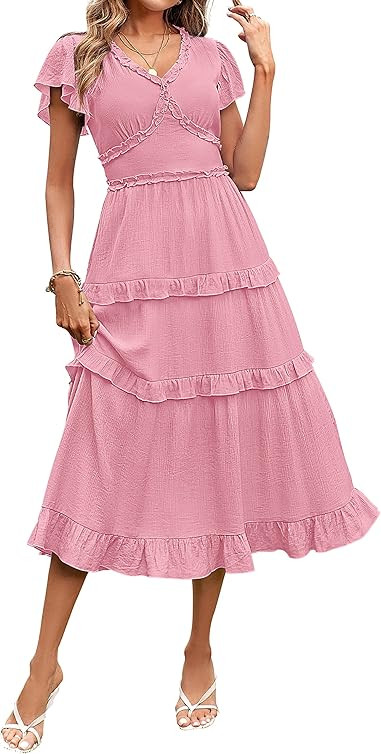 MEROKEETY Womens 2023 Summer Casual V Neck Flutter Sleeve High Waist Ruffle Tiered Midi Dress | Amazon (US)