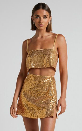 Elswyth Strappy Sequin Crop Top in Gold | Showpo (US, UK & Europe)