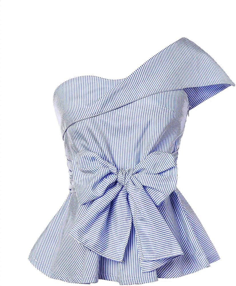 Romwe Women's Summer Slim Fit Striped Foldover One Shoulder Bow Tie Front Cap Sleeve Peplum Ruffl... | Amazon (US)