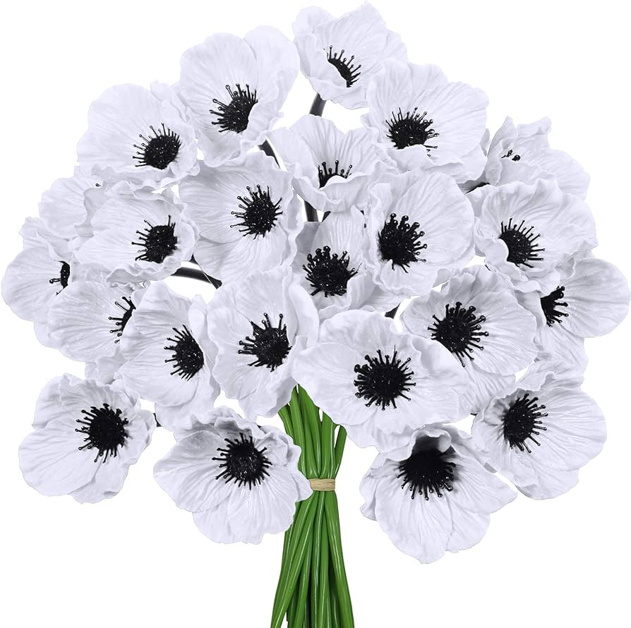 24 pcs Artificial White Poppy Anemone Stems PU Real Touch Poppy Anemones Artificial Flowers in Cr... | Amazon (US)