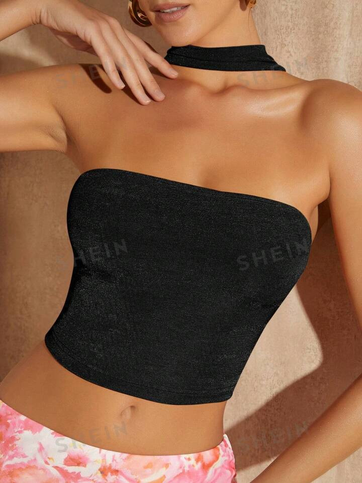 SHEIN BAE Solid Crop Halter Top | SHEIN