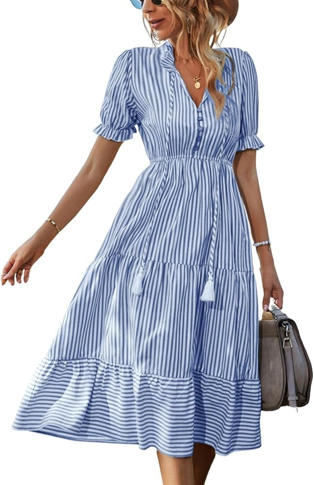 Sexyasasii Women's Summer Ruffle Puff Sleeve Dress Short Sleeve V Neck High Waist Casual Loose Strip | Amazon (US)