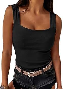 Womens Sexy Low Cut Square Neck Tank Top Casual Thick Strap Summer Solid Top | Amazon (US)