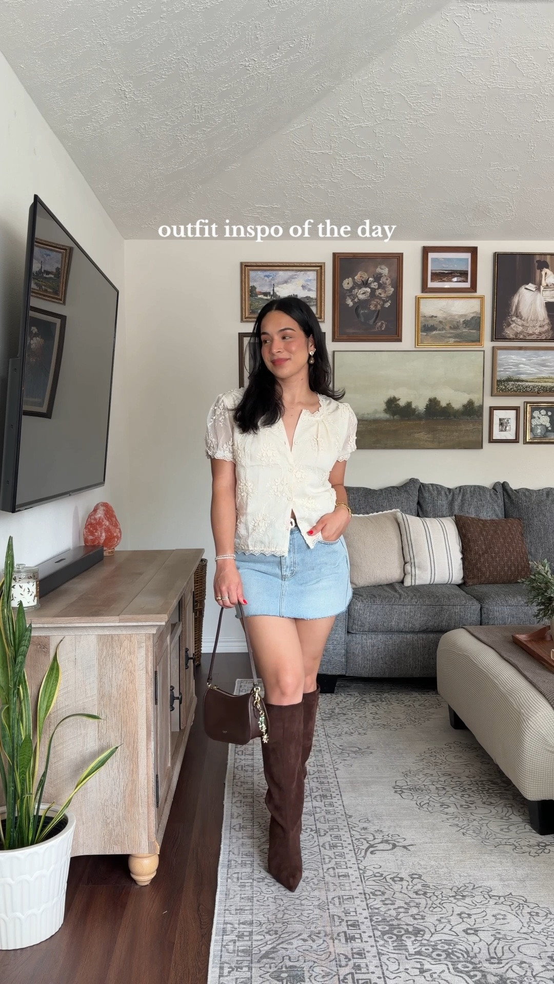 lace & florals ⋆˚✿˖° RIHOAS discount code: oza12RS ✨ white embroidered top, white lace top, white blouse, embroidered blouse, lace blouse, feminine blouse, puff sleeve top, short sleeve blouse, peplum top, cropped blouse, button front top, denim mini skirt, denim skirt, high waisted denim skirt, light wash denim skirt, denim mini skirt outfit, white and denim outfit, brown knee high boots, brown suede boots, knee high boots outfit, brown boots outfit, western inspired outfit, western chic outfit, casual fall outfit, fall fashion, autumn outfit, transitional outfit, summer to fall outfit, feminine fall outfit, romantic outfit, cottagecore outfit, country chic outfit, boho outfit, casual chic outfit, cute fall outfit, everyday outfit, weekend outfit, brunch outfit, date night outfit, fall date night outfit, gold accessories, brown handbag, shoulder bag, crossbody bag, timeless style, effortless outfit, cute outfit ideas, outfit inspiration, LTK fashion, LTK outfit  

 #LTKNYFW #LTKgrwm #LTKootd
