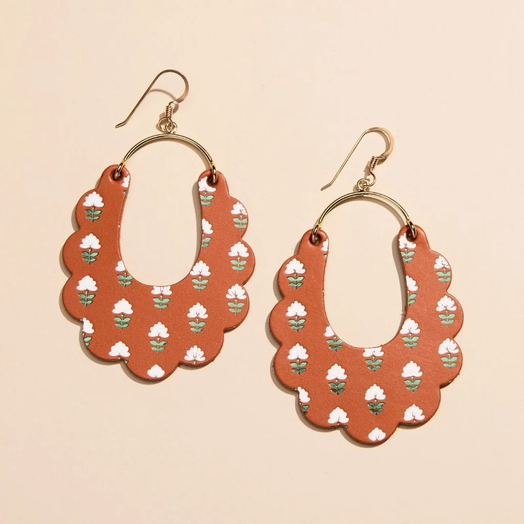 Terracotta Wallflower Dahlia Leather Hoop Earrings | Nickel and Suede