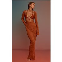 Rust Textured Knit Plunge Front Maxi Beach Dress | PrettyLittleThing US