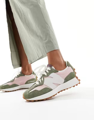 New Balance 327 sneakers in khaki with pink details | ASOS (Global)