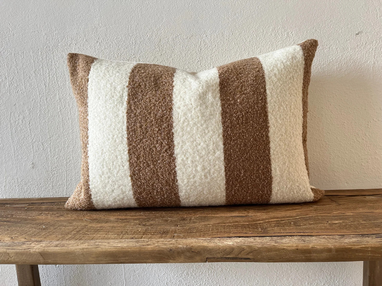 Light brown and ivory boucle pillow cover/ Striped pillow/ Caramel textured pillow/ Camel and whi... | Etsy (US)