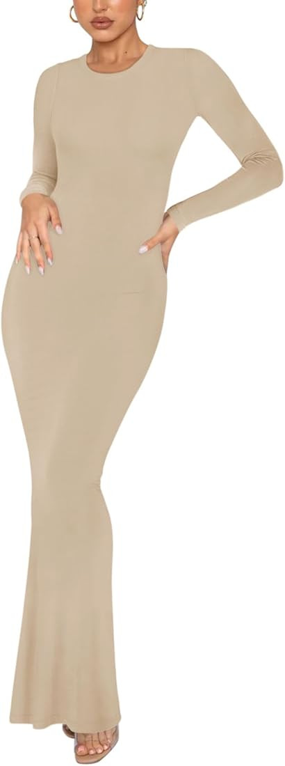 Women's Sexy Crew Neck Lounge Long Dress Elegant Long Sleeve Ribbed Bodycon Maxi Dresses | Amazon (US)