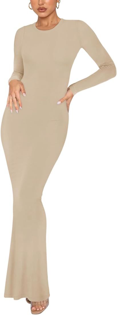 Women's Sexy Crew Neck Lounge Long Dress Elegant Long Sleeve Ribbed Bodycon Maxi Dresses | Amazon (US)