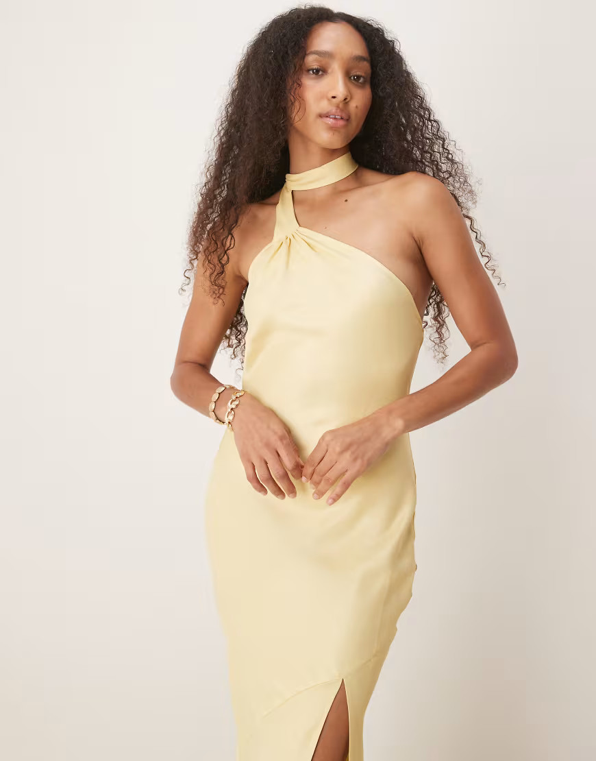 ASOS DESIGN satin tie neck detail maxi slip dress in buttermilk-Yellow | ASOS (Global)
