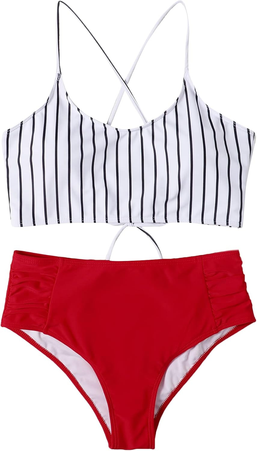 SweatyRocks Women's Bathing Suits Striped Criss Cross Bikini Set High Waisted Swimsuits | Amazon (US)