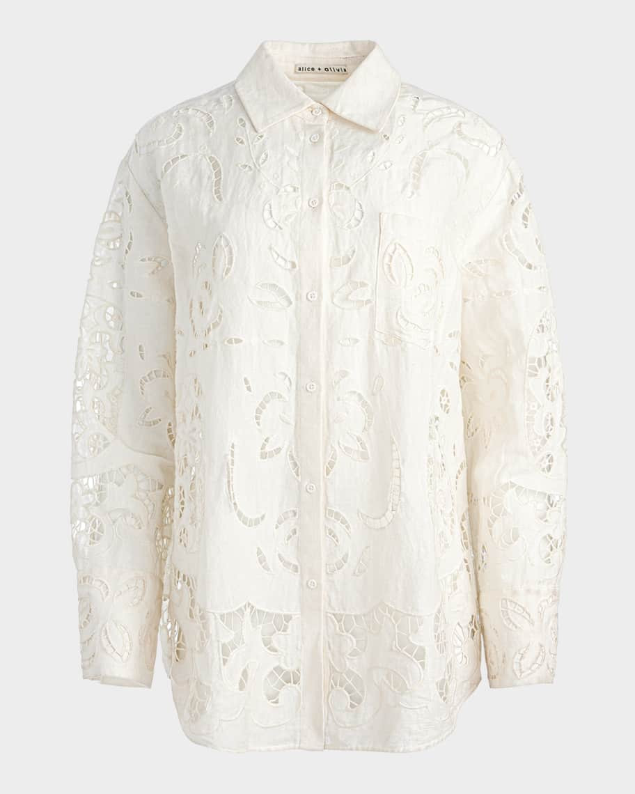 Finely Eyelet Oversized Button-Front Shirt | Neiman Marcus