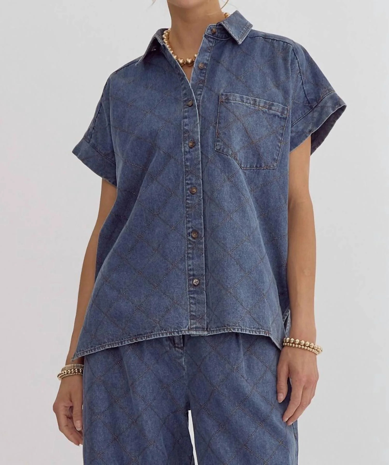 Stitched Button Down Short Sleeve Top In Denim Blue | Shop Simon