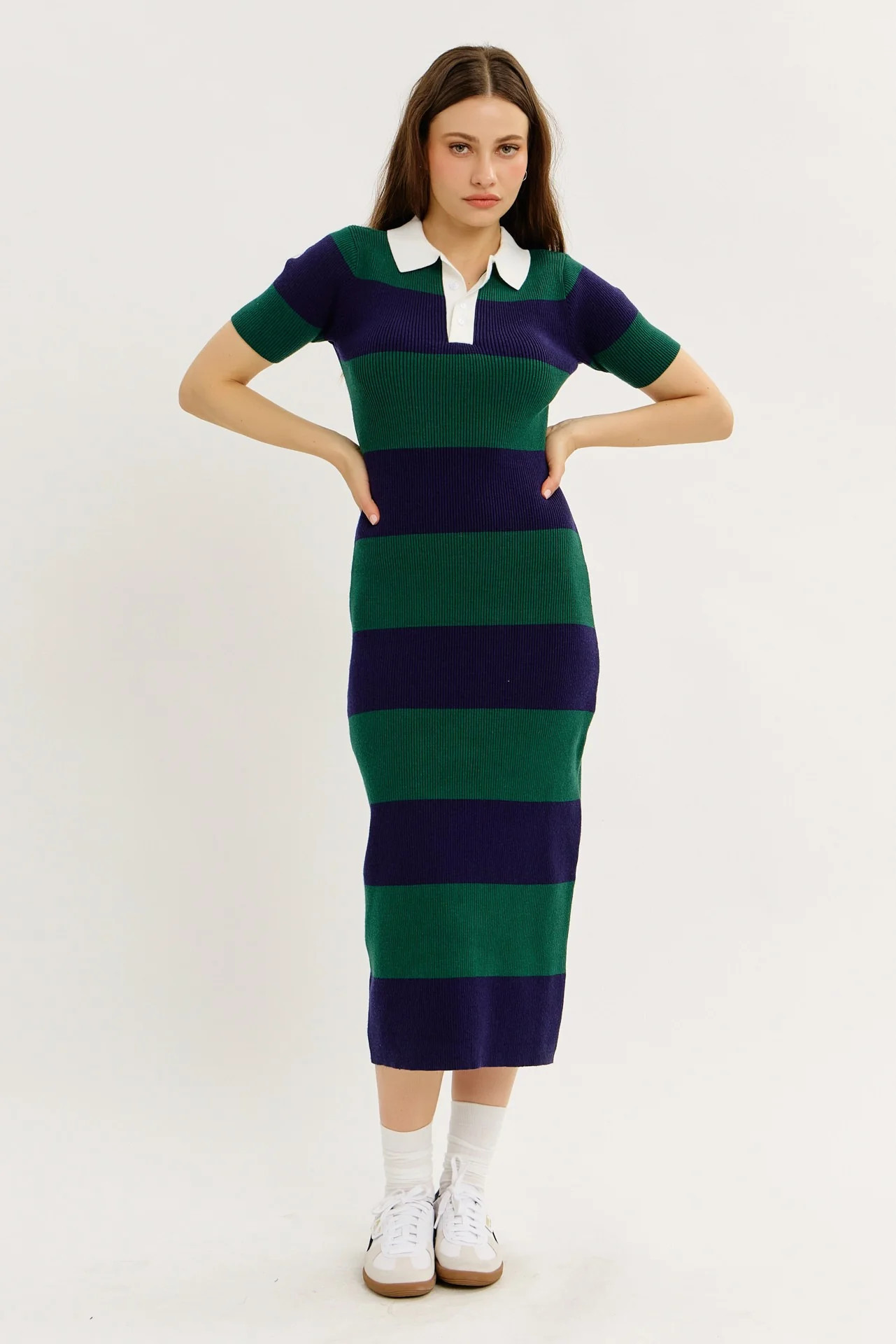Green Ribbed Striped Knit Polo Midi Dress | PinkBlush Maternity